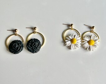 Bundle- 18k gold plated, white daisy hoop earrings, black rose clay earrings, bachelorette gifts, bachelorette trip earrings, boho earrings