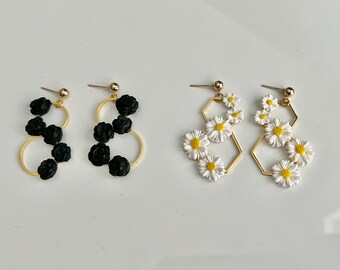 Bundle- 18k gold plated, daisy hoop earrings, black rose clay earrings, bachelorette gifts, bachelorette trip earrings, bridalparty earrings