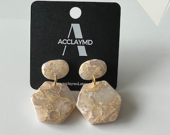 18k gold plated, white & gold marbled clay earrings, lightweight, hexagon shaped