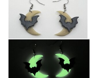 Glow in the dark Halloween earrings, bat earrings, moon earrings, spooky earrings, fall earrings, halloween clay earrings, trick or treat