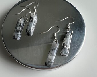 Surgical stainless steel, black and silver dangle bar earring, long bar earrings, bar drop earrings, bar dangle earrings, polymer clay