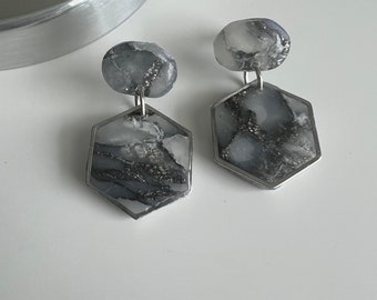 Silver earrings, silver and black earrings, tour earrings, hexagon studs, lightweight earrings, concert accessories, trendy earring, dark