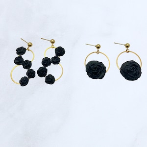 Black rose earrings, 18k gold plated, black flower earrings, long black earrings, floral earrings, statement flower earrings, boho earrings