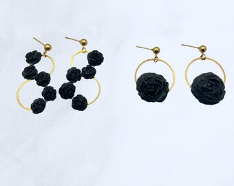 Black rose earrings, 18k gold plated, black flower earrings, long black earrings, floral earrings, statement flower earrings, boho earrings