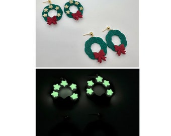 Glow in the dark Christmas wreath earrings, handmade, Christmas earrings, wreath winter earrings, holiday earrings, winter dangle accessory