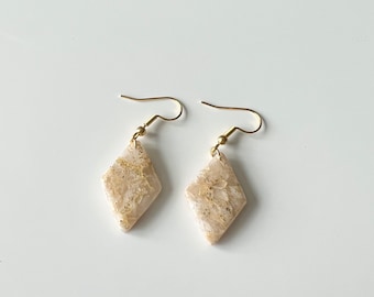 18k gold plated, mini white and gold dangle diamond drop earrings, geometric drop earring, minimalist, ivory, lightweight, polymer clay
