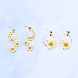 Daisy earrings, 18k gold plated, trendy earrings, cute daisy hoops, flower earrings, daisy statement earrings, polymer clay earrings, clay