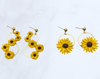 Sunflower earrings, 18k gold plated, polymer clay sunflower earrings, flower earrings, lightweight earrings, sunflower hoop earrings, boho