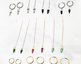 18k gold plated, gemstone earring, gemstone threader, gemstone hoop, gemstone huggies. Crystal, black onyx, emerald, tourmaline, amazonite