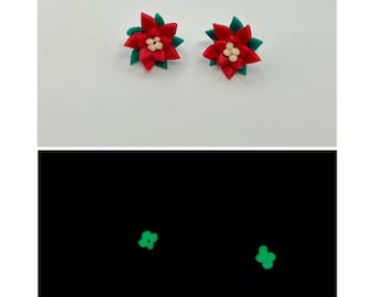 Glow in the dark poinsettia earring studs, handmade, Christmas earring studs, winter earrings, holiday earrings, poinsettia earrings