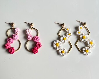 Bundle- 18K gold plated, daisy hoop earrings, rose clay earrings, bachelorette gifts, bridal party earrings, wedding party earrings, bridal