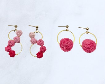 Rose clay earrings, 18k gold plated, pink clay earrings, dusty rose, statement flower earrings, gold flower earrings, flower earring set