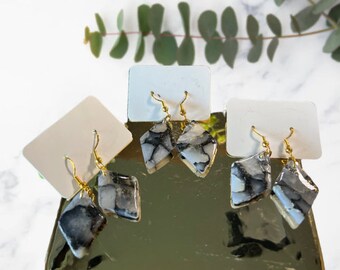 18k gold plated, mini black and white marbled clay earrings- lightweight, diamond shaped