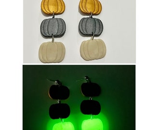 Glow in the dark pumpkin earrings, handmade, stacked pumpkins, Halloween earrings, fall earrings, pumpkin accessories, polymer clay pumpkin