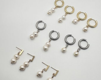 Freshwater pearl 18k gold plated earrings, gold huggies, minimalist earrings, gifts for her, gold hoop with pearl earrings, trendy earrings