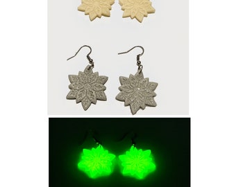 Glow in the dark snowflake earrings, handmade, Christmas earrings, snowflake earrings, winter earrings, clay snowflake, winter accessories