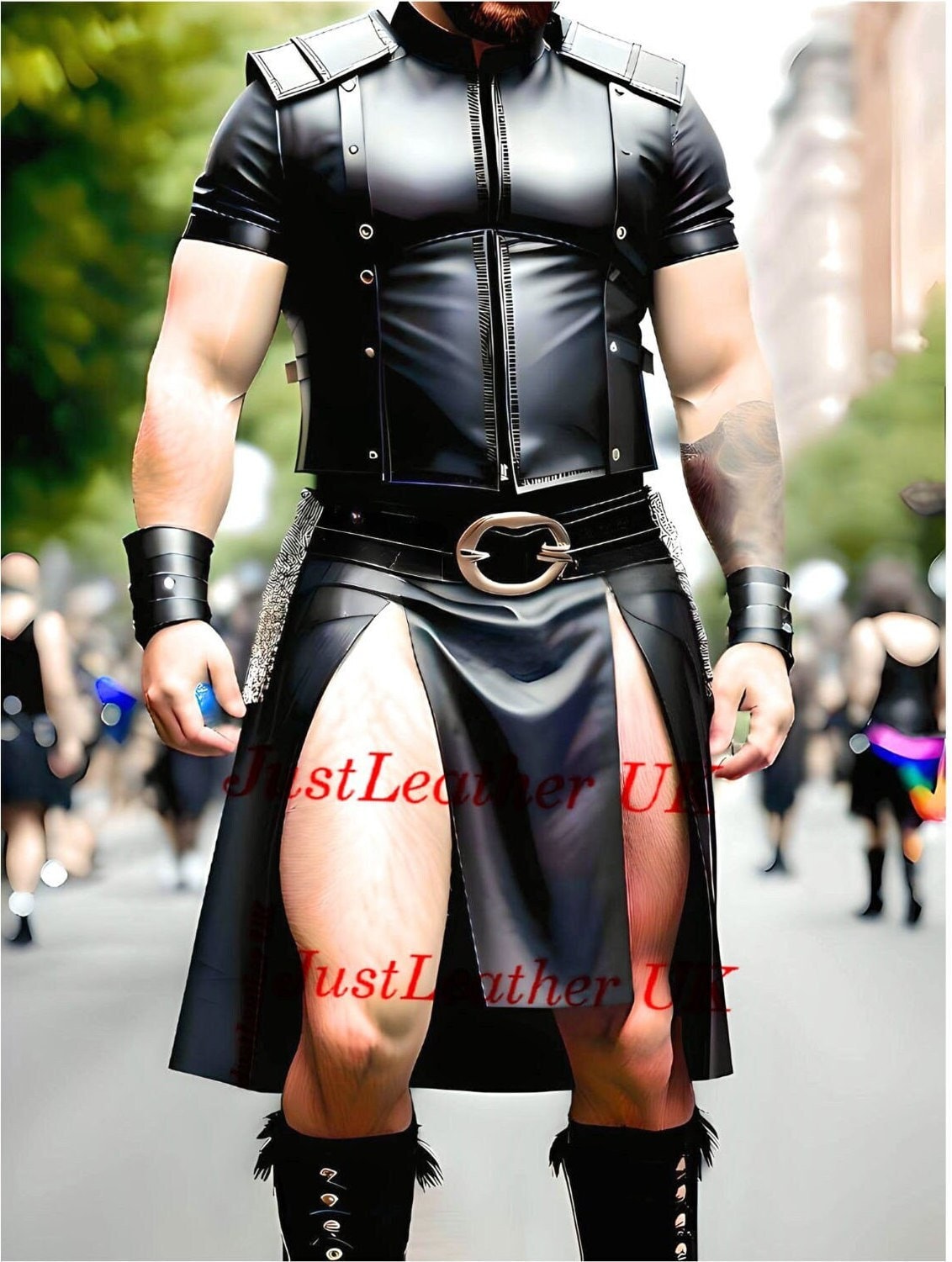 Men's Black Leather Kilt With Two Front Slits Leather Warrior Kilt ...