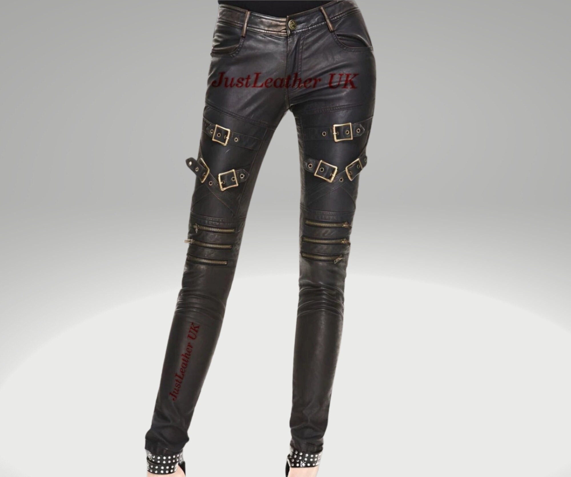 Women's Leather Pants With a Buckle Belt With Rivet Accents on the Thigh and Knees Real Lambskin