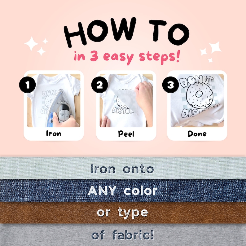 May include: An instructional graphic titled HOW TO in 3 easy steps! showing a white baby bodysuit with a donut graphic. Step 1 shows ironing, step 2 shows peeling, and step 3 shows the finished design. Text below reads iron onto ANY color or type of fabric!