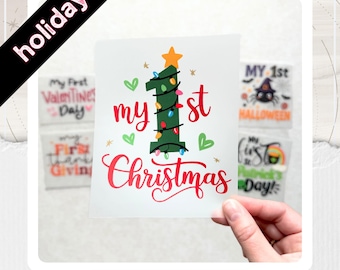 My First Holiday Iron-Ons -- 7 Iron-On Transfers for Baby Shower Bodysuits -- Set #12