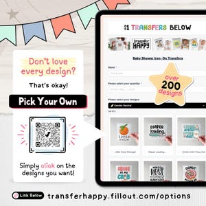 K&ouml;nnte beinhalten: Ein Tablet zeigt eine Website f&uuml;r Babyparty-B&uuml;gelbilder. Die Seite zeigt verschiedene Designs, darunter "Little Cutie" und "Diaper Loading". Der Text "over 200 designs" ist sichtbar. Eine Grafik fordert Benutzer auf, ihre eigenen Designs auszuw&auml;hlen.