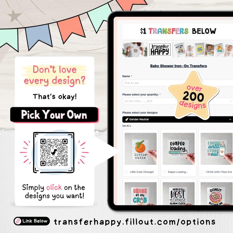 K&ouml;nnte beinhalten: Ein Tablet zeigt eine Website f&uuml;r Babyparty-B&uuml;gelbilder. Die Seite zeigt verschiedene Designs, darunter "Little Cutie" und "Diaper Loading". Der Text "over 200 designs" ist sichtbar. Eine Grafik fordert Benutzer auf, ihre eigenen Designs auszuw&auml;hlen.