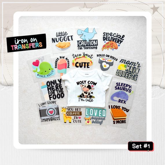 Funny Baby Shower Iron-On Transfers: 15 Gender Neutral Designs -- Transfers Only -- Set #1