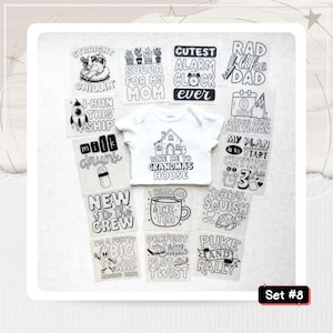 May include: A white baby bodysuit featuring the text Take Me To Grandma's House and a house illustration, surrounded by various square cards with black and white graphic designs and text including Straight Chillin, Milk Drunk, and Puke And Rally.