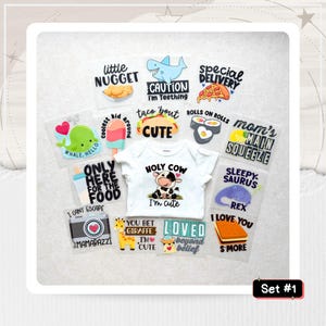 Transferts thermocollants amusants pour baby shower : 15 modèles neutres en matière de genre--transferts uniquement--ensemble n°1