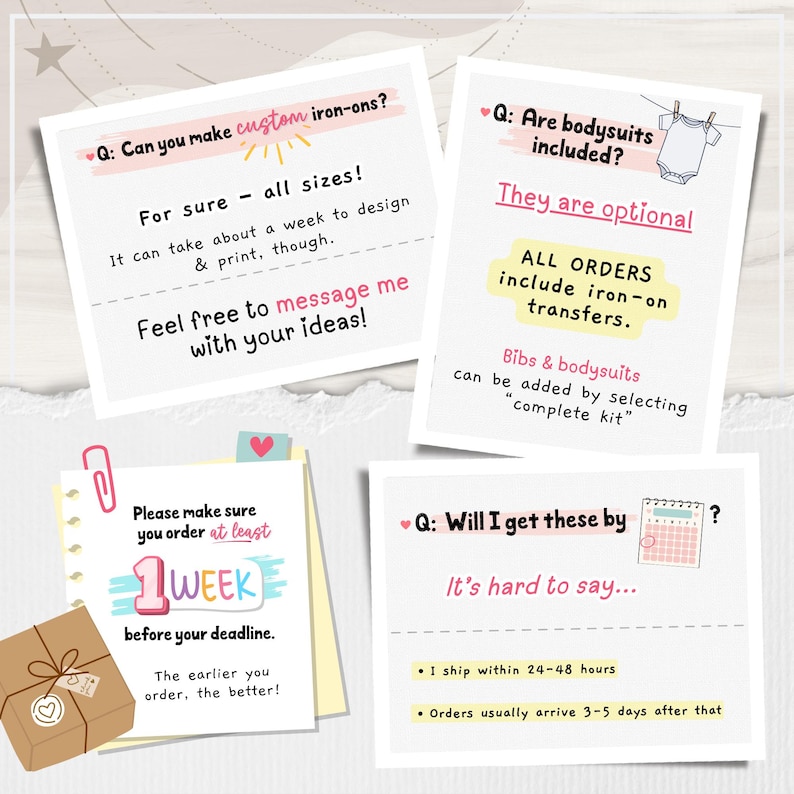 K&ouml;nnte beinhalten: Eine Collage aus vier Notizen mit handgeschriebenem Text und Illustrationen. Die Notizen beantworten Fragen zu individuellen B&uuml;gelbildern, Bodysuits und Bestellfristen. Der Text enth&auml;lt S&auml;tze wie "individuelle B&uuml;gelbilder", "alle Gr&ouml;&szlig;en" und "Komplett-Set".