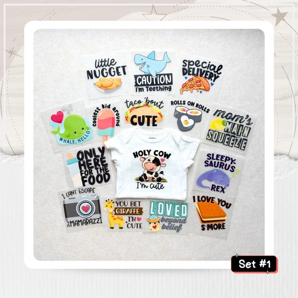 Funny Baby Shower Iron-On Transfers: 15 Gender Neutral Designs -- Transfers Only -- Set #1