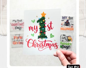 My First Holiday Iron-Ons -- 7 Iron-On Transfers for Baby Shower Bodysuits -- Set #12