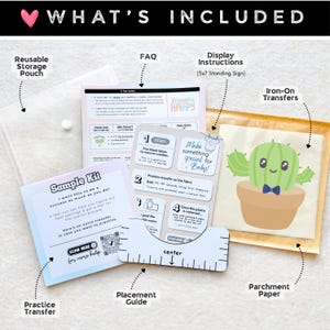 May include: An iron-on transfer kit including a reusable storage pouch, a 5x7 inch display instruction sign, a practice transfer, a placement guide, parchment paper, and a cactus iron-on transfer featuring a green cactus in a brown pot.