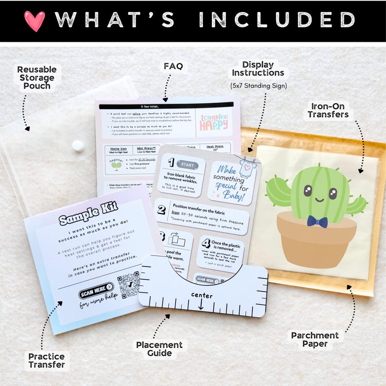 May include: An iron-on transfer kit including a reusable storage pouch, a 5x7 inch display instruction sign, a practice transfer, a placement guide, parchment paper, and a cactus iron-on transfer featuring a green cactus in a brown pot.
