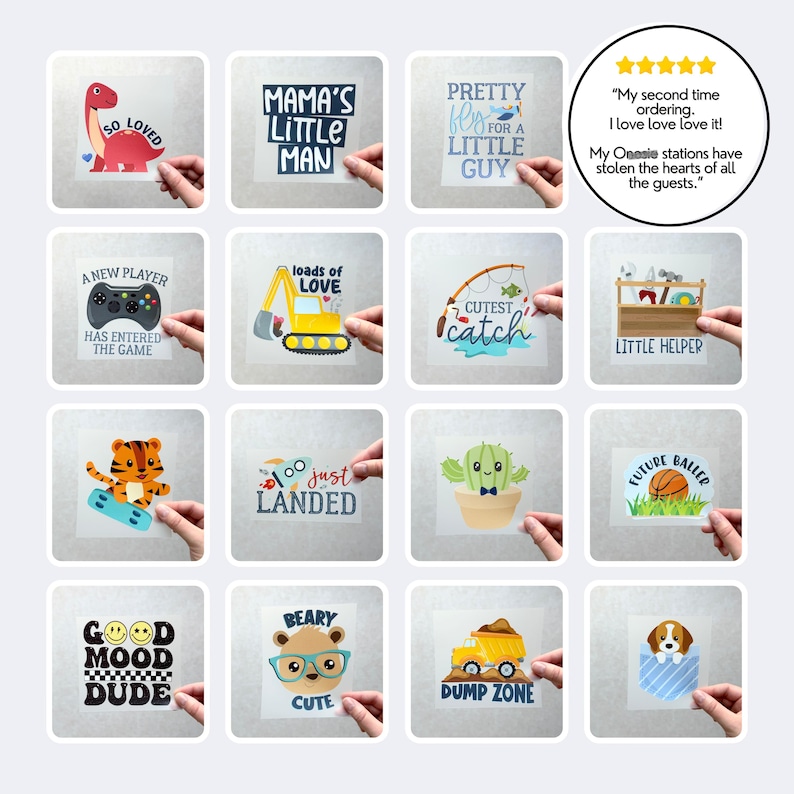May include: A collection of sixteen square iron-on transfers featuring various colorful graphic designs including a dinosaur, construction vehicles, a tiger on a skateboard, a cactus, a basketball, a bear, and a puppy, with assorted text phrases.