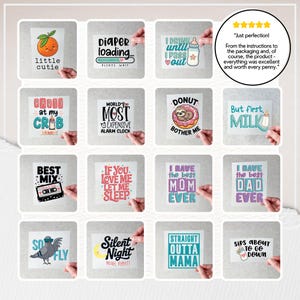 K&ouml;nnte beinhalten: Eine Sammlung quadratischer Aufkleber mit verschiedenen Designs und Texten. Designs umfassen eine Orange mit "little cutie", eine Kassette mit "BEST MIX" und ein Faultier in einem Donut mit "DONUT BOTHER ME". Andere Aufkleber haben S&auml;tze wie "I RAVE the best MOM EVER".