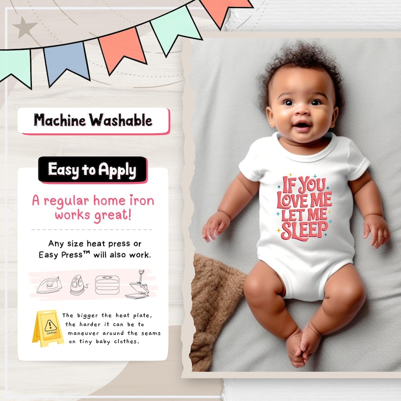 K&ouml;nnte beinhalten: Ein wei&szlig;er Baby-Body mit dem Text "IF YOU LOVE ME LET ME SLEEP" in Rosa und Rot. Das Bild enth&auml;lt den Text "Maschinenwaschbar" und "Einfach anzubringen". Ein Baby tr&auml;gt den Body.