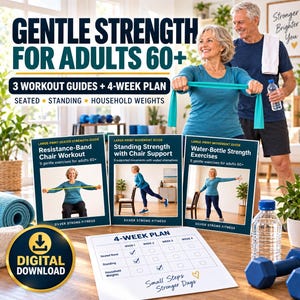 May include: A digital download set featuring three workout guides and a 4-week plan for adults 60+. The guides are titled Resistance-Band Chair Workout, Standing Strength with Chair Support, and Water-Bottle Strength Exercises by Silver Strong Fitness.