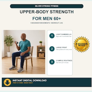 Può includere: Una guida fitness digitale intitolata SILVER STRONG FITNESS UPPER-BODY STRENGTH FOR MEN 60+ con 9 BEGINNER MOVEMENTS e un registro di allenamento. Include un grafico a stella dorata BEGINNER MOVES e istruzioni per manubri leggeri, caratteri grandi e 2 routine semplici.