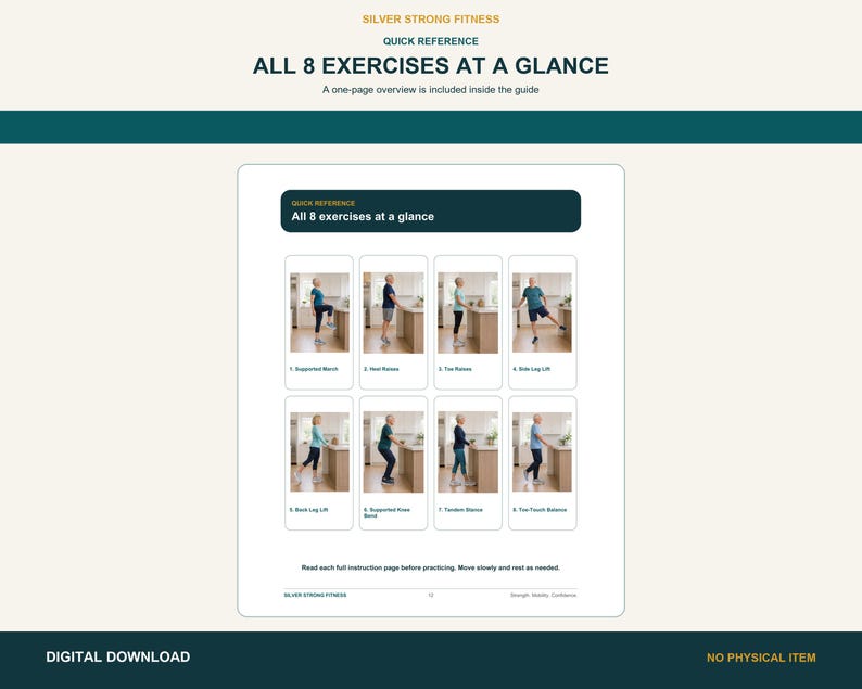 Printable overview page showing all eight supported kitchen-counter balance exercises.
