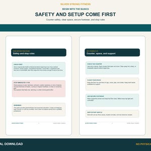 Printable safety and setup pages covering counter stability, clear space, secure footwear, and stop rules.