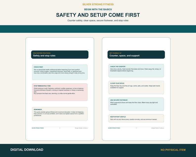Printable safety and setup pages covering counter stability, clear space, secure footwear, and stop rules.