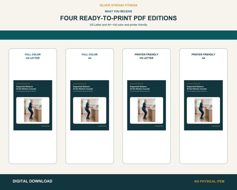 Four printable supported-balance editions in US Letter and A4 with full-color and printer-friendly options.