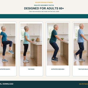 Four realistic older adults demonstrating supported balance movements at a kitchen counter.