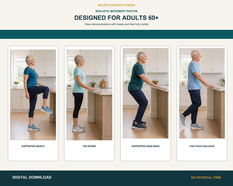 Four realistic older adults demonstrating supported balance movements at a kitchen counter.
