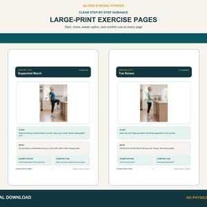 Large-print balance instruction pages with realistic older adults, movement directions, and easier options.