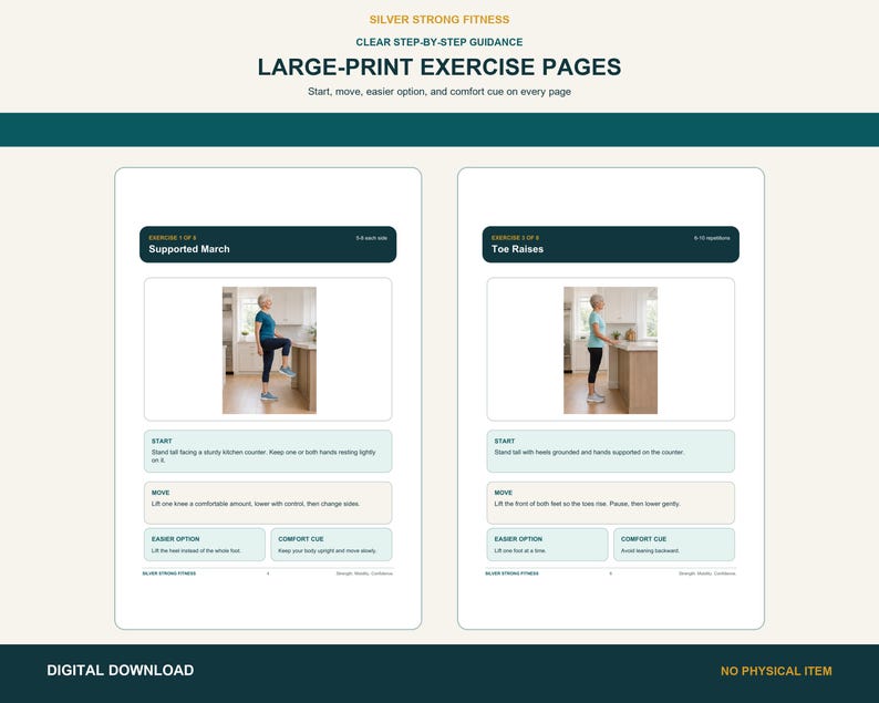 Large-print balance instruction pages with realistic older adults, movement directions, and easier options.