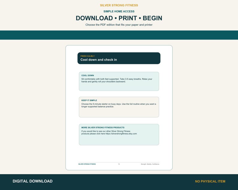 Printable cool-down and check-in page from the supported balance guide for seniors.