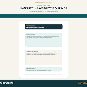 Large-print guide page featuring a 5-minute starter and a 10-minute supported balance routine.