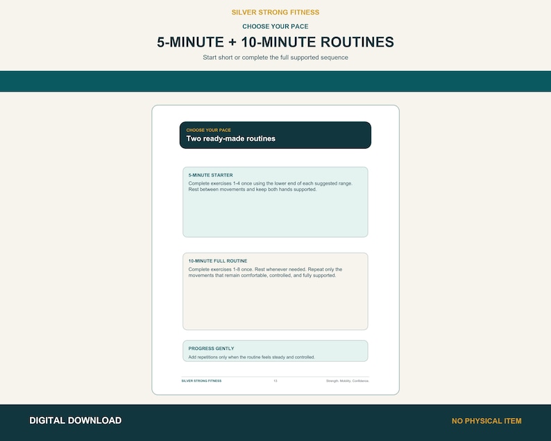 Large-print guide page featuring a 5-minute starter and a 10-minute supported balance routine.